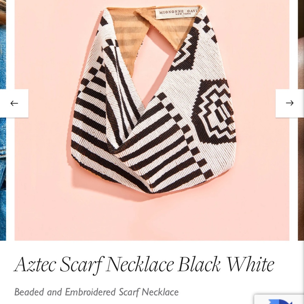 Mignonne Gavigan Aztec scarf necklace in black/white.Hand beaded on silk chiffon
